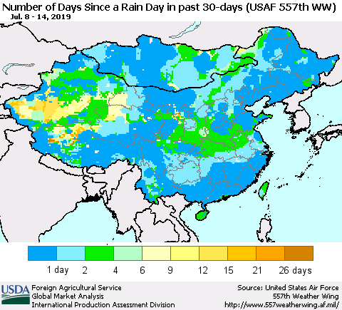 China and Taiwan Number of Days Since a Rain Day in past 30 days (USAF 557th WW) Thematic Map For 7/8/2019 - 7/14/2019