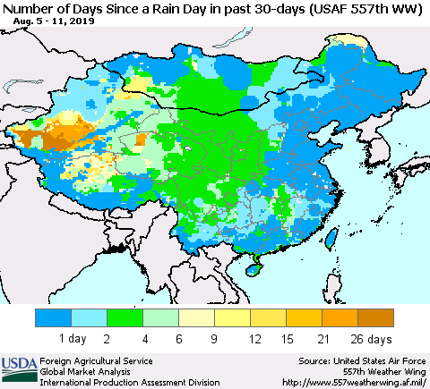 China and Taiwan Number of Days Since a Rain Day in past 30 days (USAF 557th WW) Thematic Map For 8/5/2019 - 8/11/2019