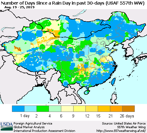 China and Taiwan Number of Days Since a Rain Day in past 30 days (USAF 557th WW) Thematic Map For 8/19/2019 - 8/25/2019