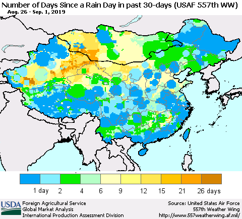 China and Taiwan Number of Days Since a Rain Day in past 30 days (USAF 557th WW) Thematic Map For 8/26/2019 - 9/1/2019