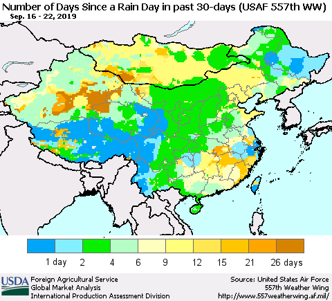 China and Taiwan Number of Days Since a Rain Day in past 30 days (USAF 557th WW) Thematic Map For 9/16/2019 - 9/22/2019