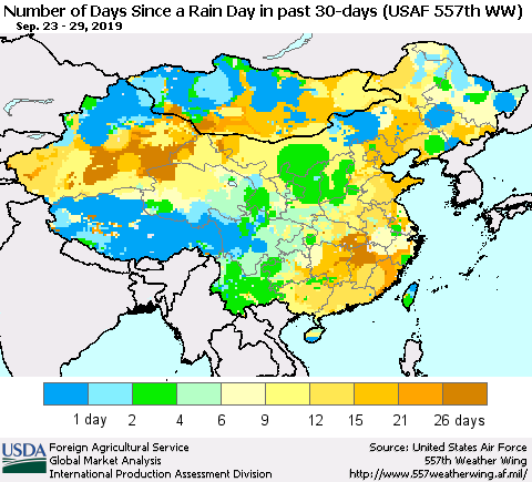 China and Taiwan Number of Days Since a Rain Day in past 30 days (USAF 557th WW) Thematic Map For 9/23/2019 - 9/29/2019