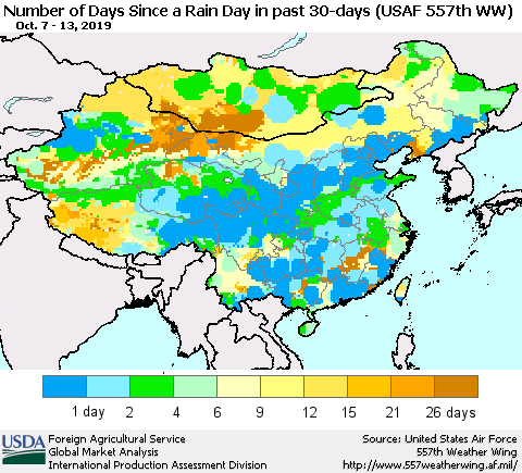 China and Taiwan Number of Days Since a Rain Day in past 30 days (USAF 557th WW) Thematic Map For 10/7/2019 - 10/13/2019