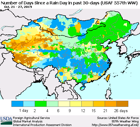 China and Taiwan Number of Days Since a Rain Day in past 30 days (USAF 557th WW) Thematic Map For 10/21/2019 - 10/27/2019