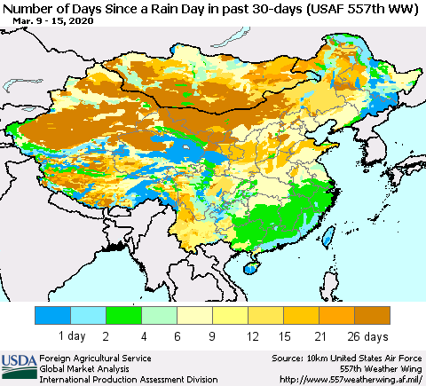 China and Taiwan Number of Days Since a Rain Day in past 30 days (USAF 557th WW) Thematic Map For 3/9/2020 - 3/15/2020