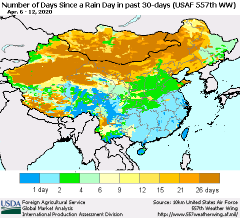 China and Taiwan Number of Days Since a Rain Day in past 30 days (USAF 557th WW) Thematic Map For 4/6/2020 - 4/12/2020