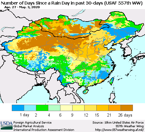 China and Taiwan Number of Days Since a Rain Day in past 30 days (USAF 557th WW) Thematic Map For 4/27/2020 - 5/3/2020