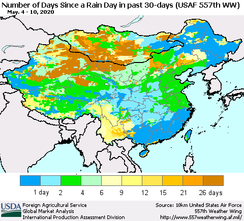China and Taiwan Number of Days Since a Rain Day in past 30 days (USAF 557th WW) Thematic Map For 5/4/2020 - 5/10/2020