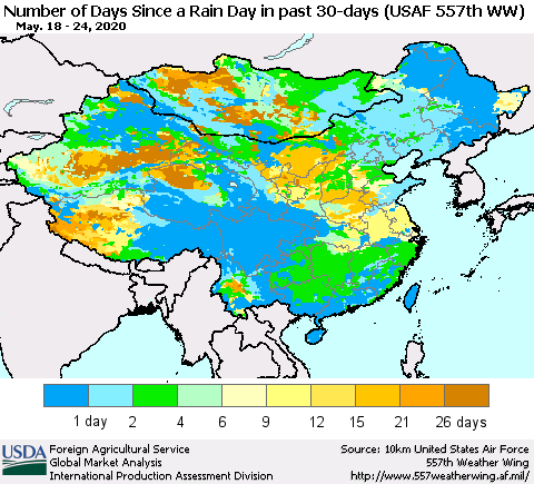 China and Taiwan Number of Days Since a Rain Day in past 30 days (USAF 557th WW) Thematic Map For 5/18/2020 - 5/24/2020