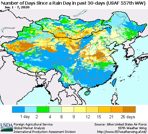 China and Taiwan Number of Days Since a Rain Day in past 30 days (USAF 557th WW) Thematic Map For 6/1/2020 - 6/7/2020