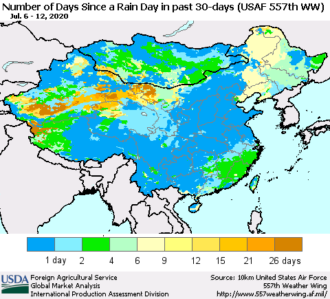 China and Taiwan Number of Days Since a Rain Day in past 30 days (USAF 557th WW) Thematic Map For 7/6/2020 - 7/12/2020