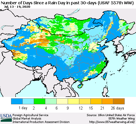 China and Taiwan Number of Days Since a Rain Day in past 30 days (USAF 557th WW) Thematic Map For 7/13/2020 - 7/19/2020