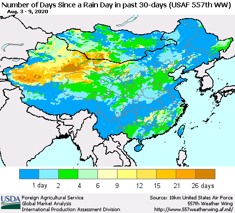 China and Taiwan Number of Days Since a Rain Day in past 30 days (USAF 557th WW) Thematic Map For 8/3/2020 - 8/9/2020