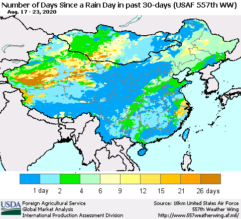 China and Taiwan Number of Days Since a Rain Day in past 30 days (USAF 557th WW) Thematic Map For 8/17/2020 - 8/23/2020