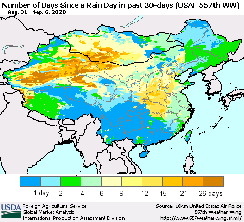 China and Taiwan Number of Days Since a Rain Day in past 30 days (USAF 557th WW) Thematic Map For 8/31/2020 - 9/6/2020