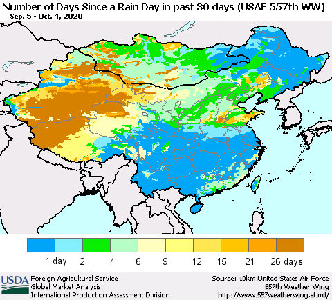 China and Taiwan Number of Days Since a Rain Day in past 30 days (USAF 557th WW) Thematic Map For 9/28/2020 - 10/4/2020