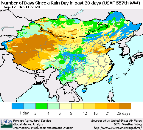China and Taiwan Number of Days Since a Rain Day in past 30 days (USAF 557th WW) Thematic Map For 10/5/2020 - 10/11/2020