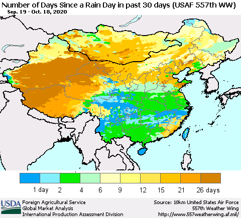 China and Taiwan Number of Days Since a Rain Day in past 30 days (USAF 557th WW) Thematic Map For 10/12/2020 - 10/18/2020