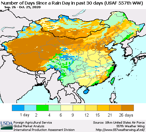China and Taiwan Number of Days Since a Rain Day in past 30 days (USAF 557th WW) Thematic Map For 10/19/2020 - 10/25/2020