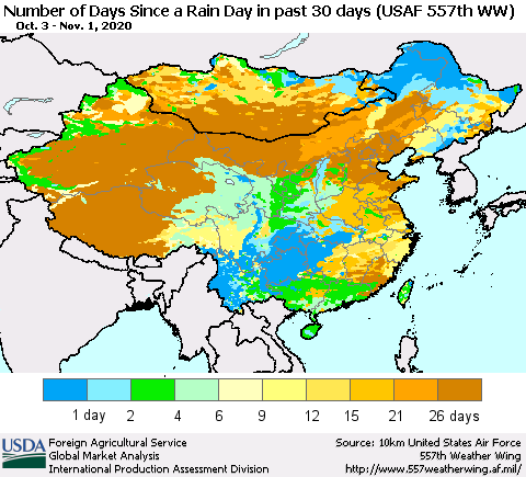 China and Taiwan Number of Days Since a Rain Day in past 30 days (USAF 557th WW) Thematic Map For 10/26/2020 - 11/1/2020