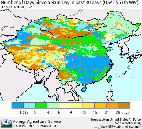 China and Taiwan Number of Days Since a Rain Day in past 30 days (USAF 557th WW) Thematic Map For 3/14/2022 - 3/20/2022