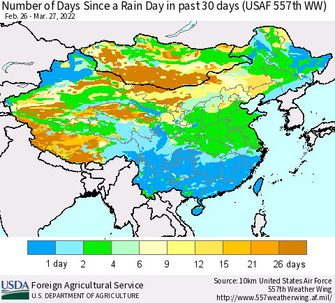 China and Taiwan Number of Days Since a Rain Day in past 30 days (USAF 557th WW) Thematic Map For 3/21/2022 - 3/27/2022