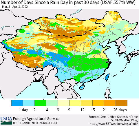 China and Taiwan Number of Days Since a Rain Day in past 30 days (USAF 557th WW) Thematic Map For 3/28/2022 - 4/3/2022