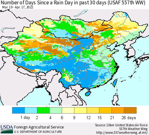 China and Taiwan Number of Days Since a Rain Day in past 30 days (USAF 557th WW) Thematic Map For 4/11/2022 - 4/17/2022