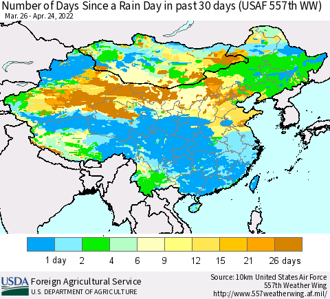 China and Taiwan Number of Days Since a Rain Day in past 30 days (USAF 557th WW) Thematic Map For 4/18/2022 - 4/24/2022