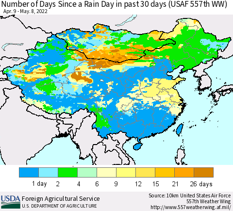 China and Taiwan Number of Days Since a Rain Day in past 30 days (USAF 557th WW) Thematic Map For 5/2/2022 - 5/8/2022