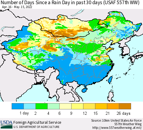 China and Taiwan Number of Days Since a Rain Day in past 30 days (USAF 557th WW) Thematic Map For 5/9/2022 - 5/15/2022