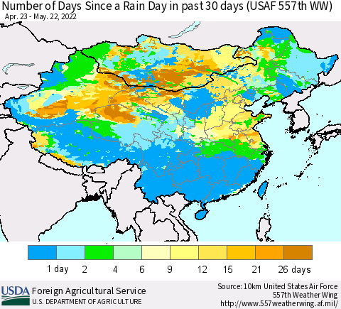 China and Taiwan Number of Days Since a Rain Day in past 30 days (USAF 557th WW) Thematic Map For 5/16/2022 - 5/22/2022