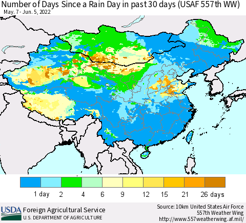 China and Taiwan Number of Days Since a Rain Day in past 30 days (USAF 557th WW) Thematic Map For 5/30/2022 - 6/5/2022