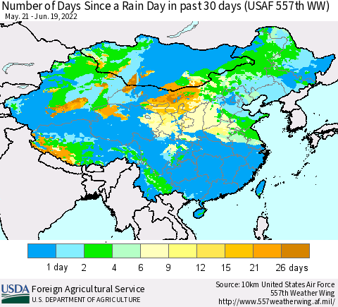 China and Taiwan Number of Days Since a Rain Day in past 30 days (USAF 557th WW) Thematic Map For 6/13/2022 - 6/19/2022
