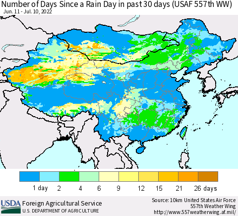 China and Taiwan Number of Days Since a Rain Day in past 30 days (USAF 557th WW) Thematic Map For 7/4/2022 - 7/10/2022
