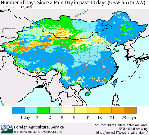 China and Taiwan Number of Days Since a Rain Day in past 30 days (USAF 557th WW) Thematic Map For 7/11/2022 - 7/17/2022