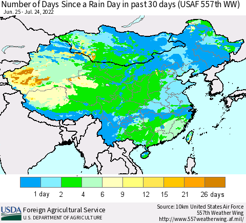 China and Taiwan Number of Days Since a Rain Day in past 30 days (USAF 557th WW) Thematic Map For 7/18/2022 - 7/24/2022