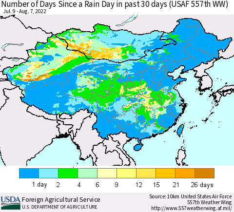 China and Taiwan Number of Days Since a Rain Day in past 30 days (USAF 557th WW) Thematic Map For 8/1/2022 - 8/7/2022