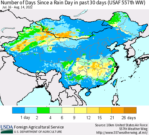 China and Taiwan Number of Days Since a Rain Day in past 30 days (USAF 557th WW) Thematic Map For 8/8/2022 - 8/14/2022