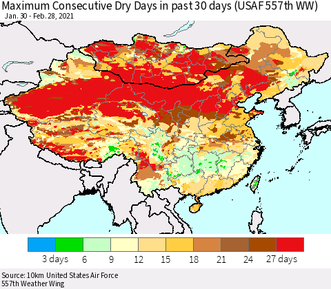 China, Mongolia and Taiwan Maximum Consecutive Dry Days in past 30 days (USAF 557th WW) 02/28/2021 Thematic Map For 2/26/2021 - 2/28/2021