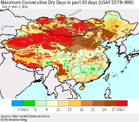 China, Mongolia and Taiwan Maximum Consecutive Dry Days in past 30 days (USAF 557th WW) 03/05/2021 Thematic Map For 3/1/2021 - 3/5/2021