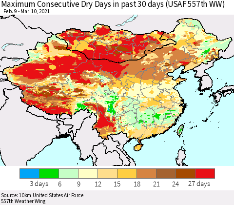 China, Mongolia and Taiwan Maximum Consecutive Dry Days in past 30 days (USAF 557th WW) 03/10/2021 Thematic Map For 3/6/2021 - 3/10/2021