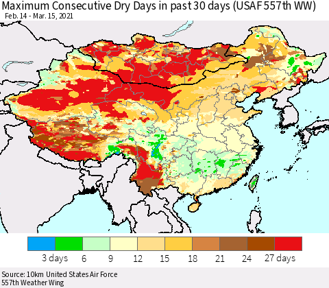 China, Mongolia and Taiwan Maximum Consecutive Dry Days in past 30 days (USAF 557th WW) 03/15/2021 Thematic Map For 3/11/2021 - 3/15/2021