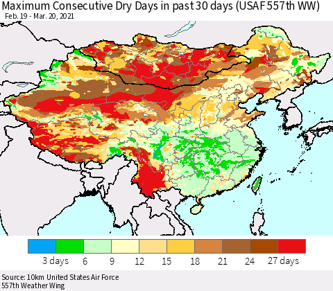 China, Mongolia and Taiwan Maximum Consecutive Dry Days in past 30 days (USAF 557th WW) 03/20/2021 Thematic Map For 3/16/2021 - 3/20/2021