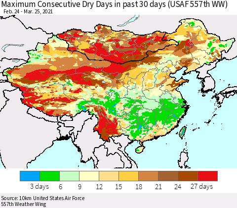 China, Mongolia and Taiwan Maximum Consecutive Dry Days in past 30 days (USAF 557th WW) 03/25/2021 Thematic Map For 3/21/2021 - 3/25/2021