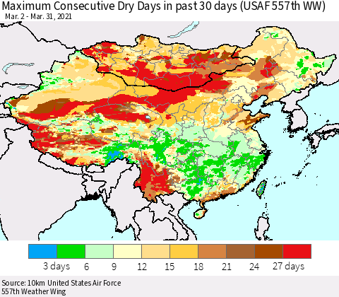 China, Mongolia and Taiwan Maximum Consecutive Dry Days in past 30 days (USAF 557th WW) 03/31/2021 Thematic Map For 3/26/2021 - 3/31/2021