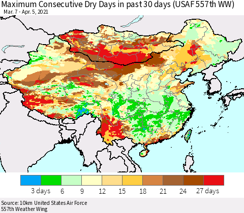 China, Mongolia and Taiwan Maximum Consecutive Dry Days in past 30 days (USAF 557th WW) 04/05/2021 Thematic Map For 4/1/2021 - 4/5/2021
