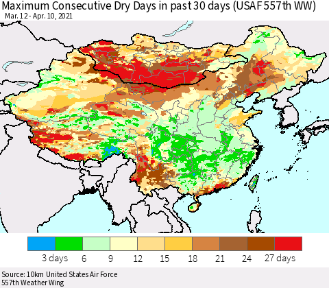 China, Mongolia and Taiwan Maximum Consecutive Dry Days in past 30 days (USAF 557th WW) 04/10/2021 Thematic Map For 4/6/2021 - 4/10/2021