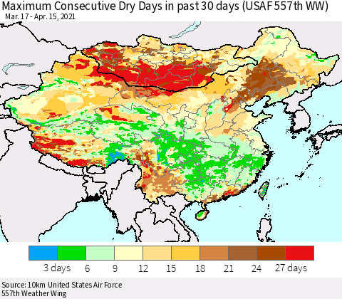 China, Mongolia and Taiwan Maximum Consecutive Dry Days in past 30 days (USAF 557th WW) 04/15/2021 Thematic Map For 4/11/2021 - 4/15/2021