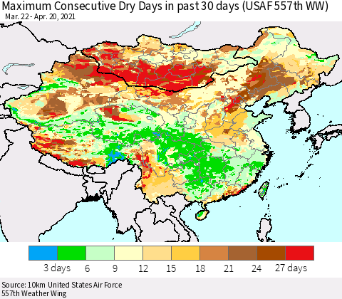 China, Mongolia and Taiwan Maximum Consecutive Dry Days in past 30 days (USAF 557th WW) 04/20/2021 Thematic Map For 4/16/2021 - 4/20/2021